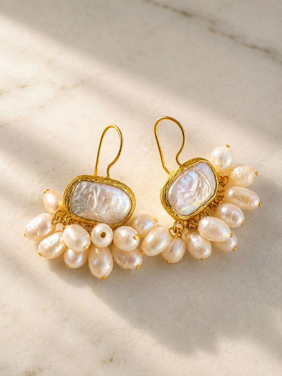 Freshwater Pearl Drop Earrings, Gold Plated Baroque Pearl , Elegant Bridal Jewelry, Coastal Luxury Gift for Her