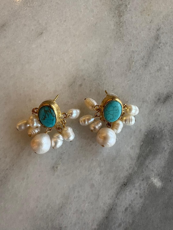 Turquoise & Freshwater Pearl Statement Earrings – Gold Boho Dangle Earrings