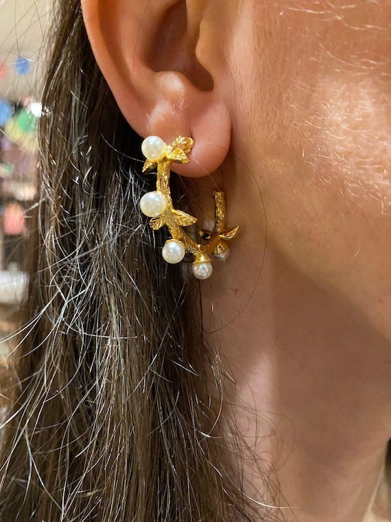 Elegant Pearl Leaf Half Hoop Earrings - Gold Plated Bridal Jewelry Handmade Gift for Her