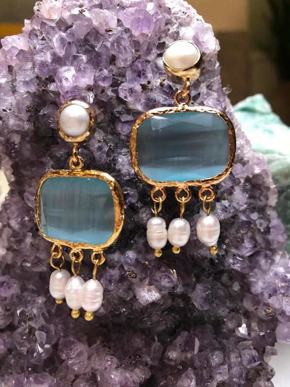 New Turquoise color Pearl Earrings,Cat's Eye stone Earrings, Design Earrings,Ottoman Earrings, Handmade, Jewelry, Gift Jewelry,Gift for Her,