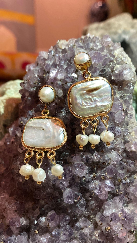 New Pearl Earrings, Design Pearl Earrings, Elegant Pearl Earrings, Handmade Earrings, Square form pearl, Gift for Her, New Year's Gift,