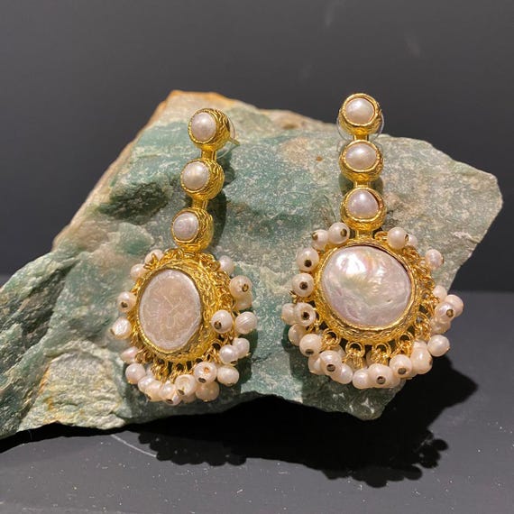 Elegant Ottoman-Inspired Pearl Dangle Earrings: Handmade Vintage Statement Jewelry for Weddings & Gifts