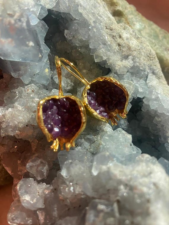 Pomegranate design earrings; Ottoman-inspired Pomegranate Amethyst Earrings: Handcrafted Turkish Dangle Hooks for Women