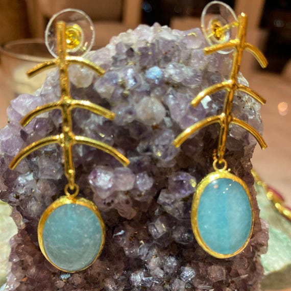 EARRINGS-Aquamarine Fishbone Drop Earrings: Unique Natural Stone Jewelry Gift for Her, Handmade Ottoman Design