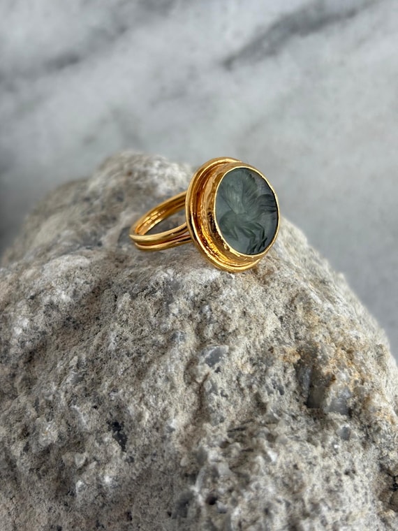 Eagle Intaglio Adjustable Gold Plated Bronze – Green Agate Signet Style, Statement Jewelry, Unique Gift for Her