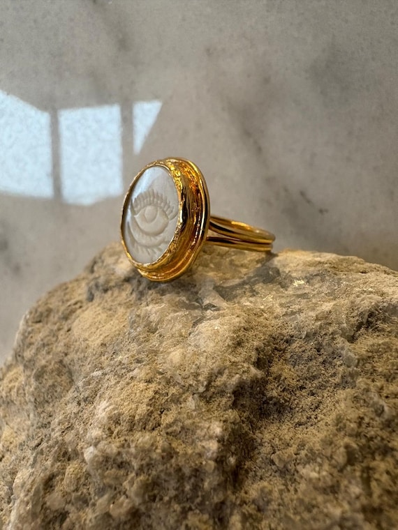 Moonstone Evil Eye Ring, Gold Plated Adjustable , Mystic Protection Jewelry, Handmade Boho Minimal Ring, Gift for