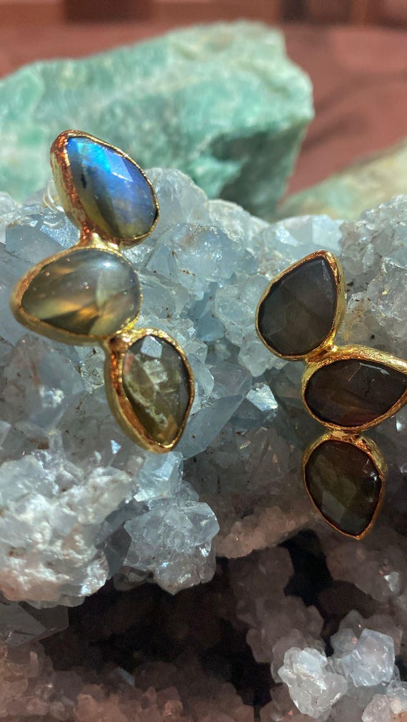Iridescent Labradorite Dangle Earrings: Gold-Plated Bronze Jewelry - Handcrafted Energy Gem Gift