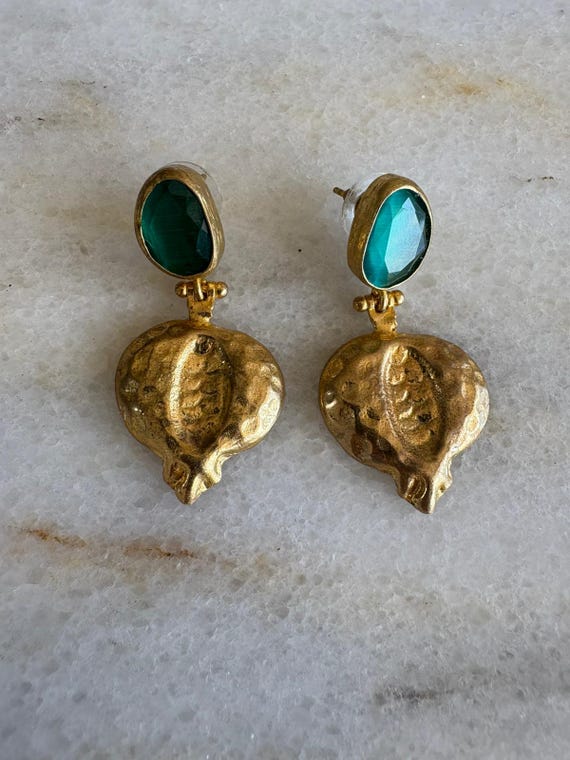 Pomegranate Glow Cat Eye Stone Earrings | Modern Bronze Textured Statement Earrings