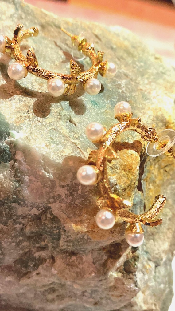 Elegant Pearl Leaf Half Hoop Earrings - Gold Plated Bridal Jewelry Handmade Gift for Her