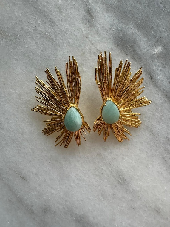 Sunburst Aqua Tone Statement Earrings | Gold Textured Sophisticated Design