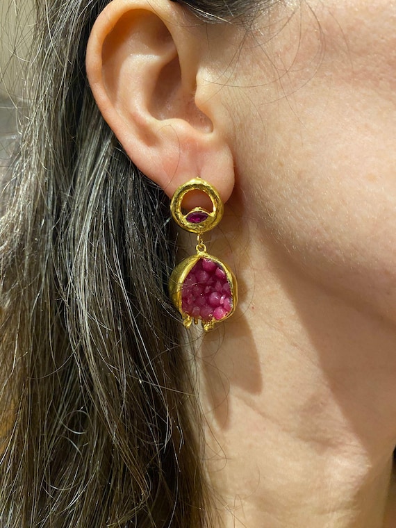 Pomegranate design earrings; Pomegranate gold plated Hook Earrings