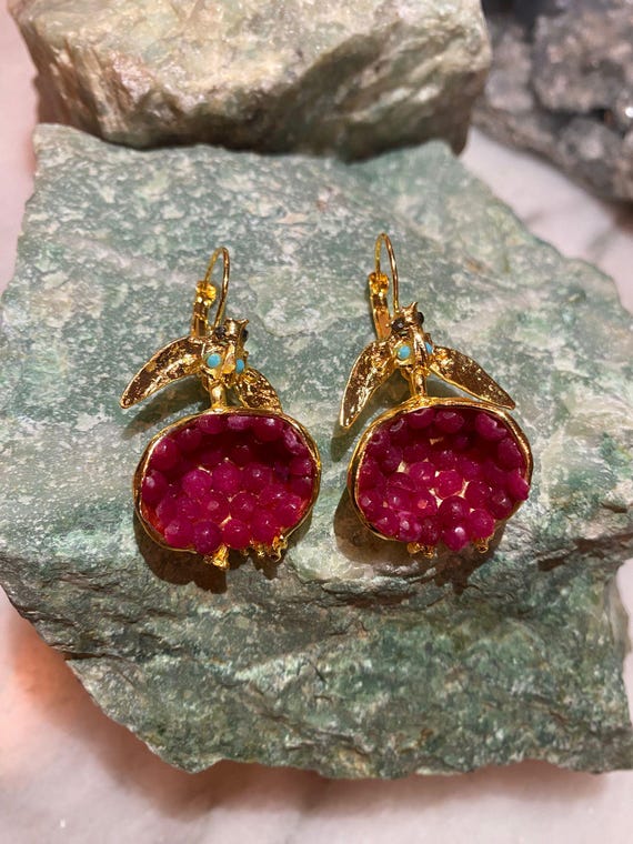New Butterfly Figured Pomegranate Earrings,Handmade Pomegranate Earrings, Gold Color Pomegranate Earrings, Pomegranate Unique Jewelry