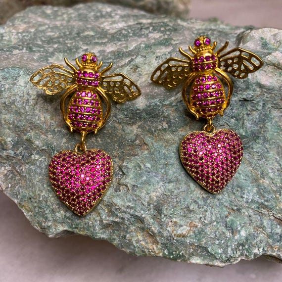 Handcrafted Bee & Heart Earrings: Swarovski Crystal, Hypoallergenic, Symbolic Jewelry Gift for Her