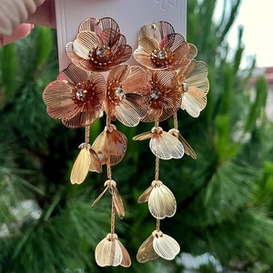 Cascading Flower Earrings • Exaggerated Large Gold Flower Earrings • Wedding Jewelry • Long Floral Gift Earrings for Her