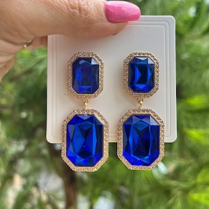 Royal Blue Crystal Dangle Earrings: Geometric Evening Jewelry