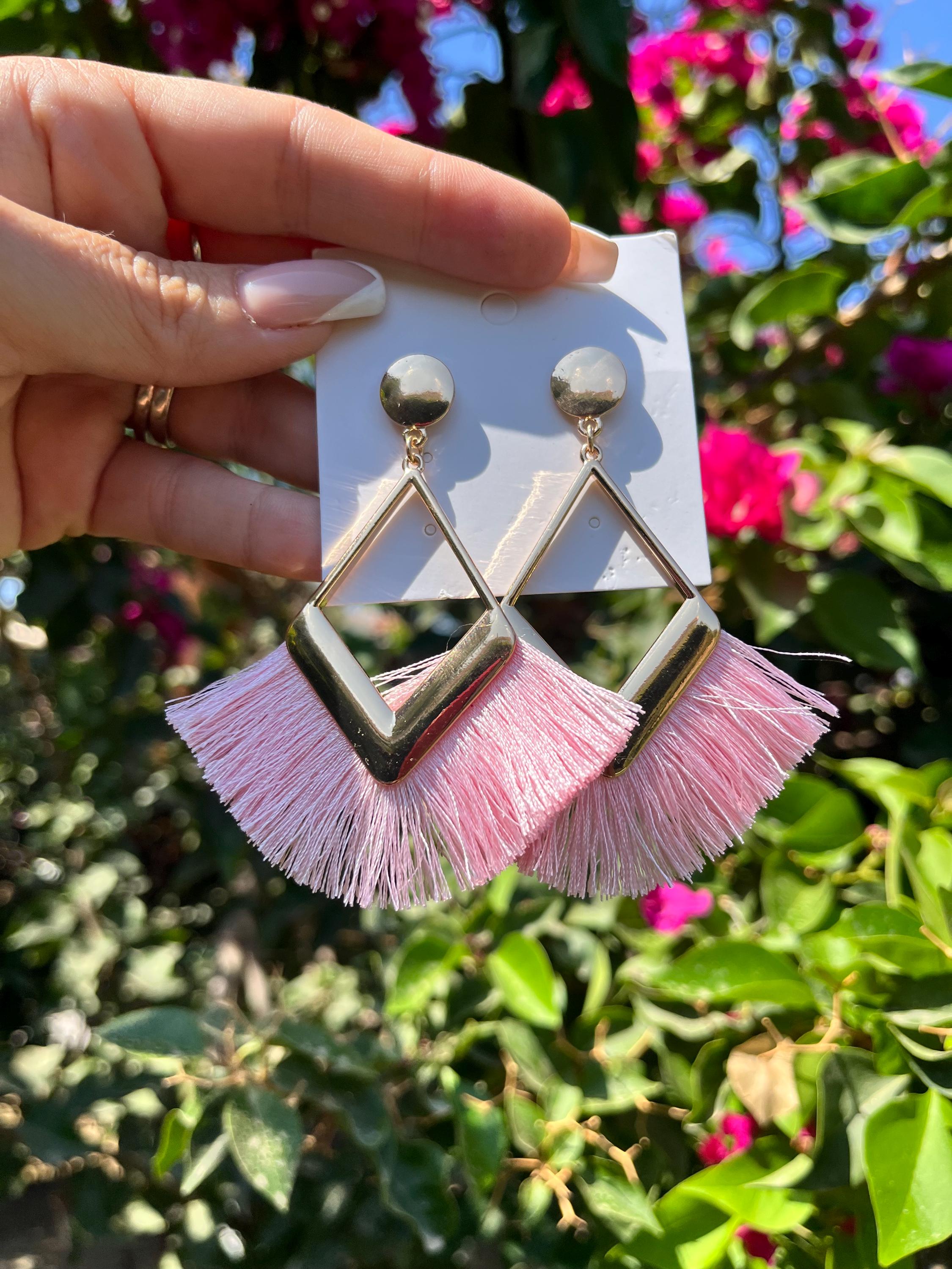 Long Pink Feather Dangle Earrings: Gold Detail, Lightweight