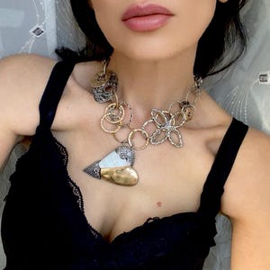 Vintage Chunky Heart Pendant Necklace: Silver Flower Charm, 16.5 Inch