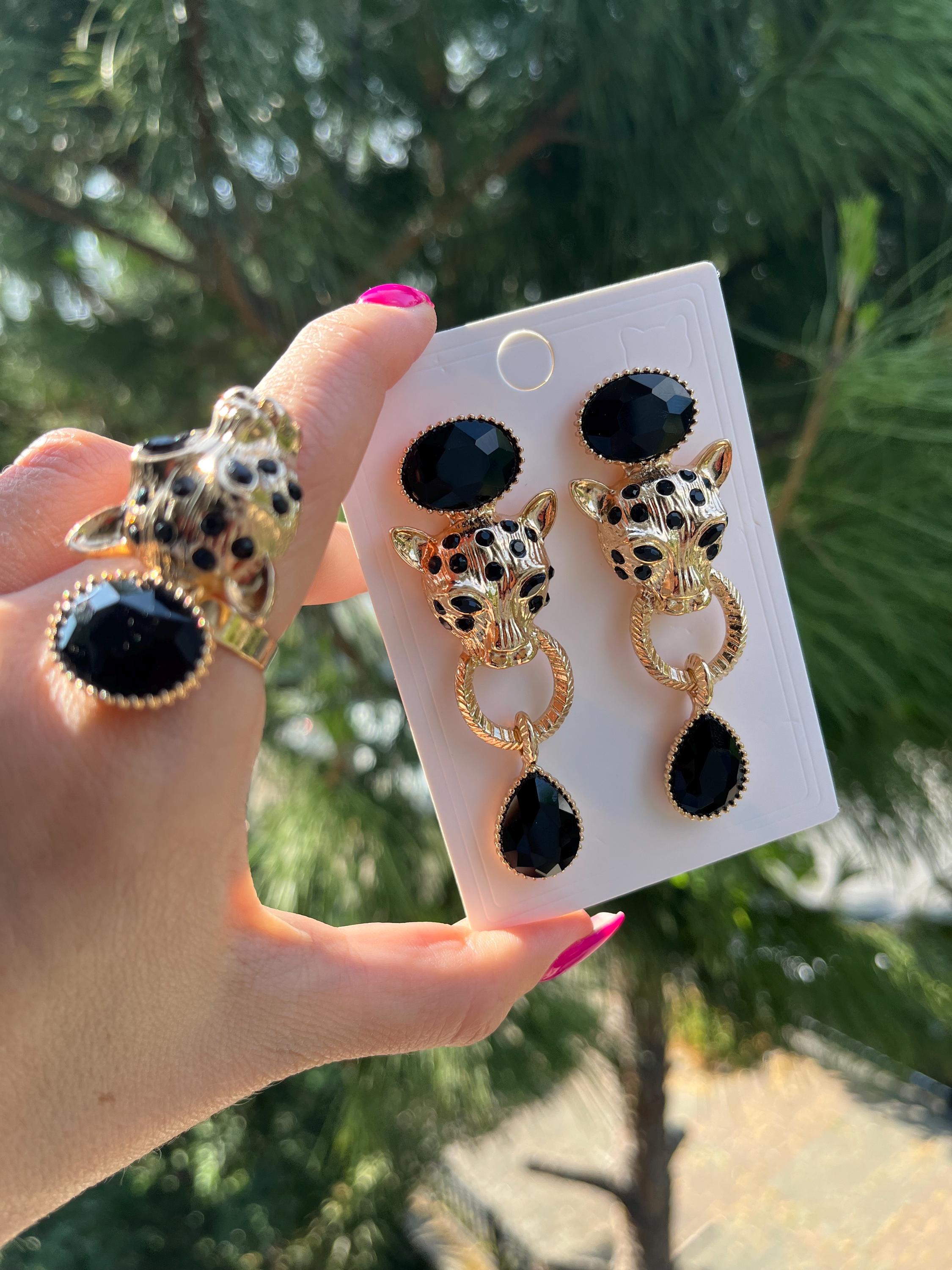 Elegant Gold and Black Leopard Earrings & Bracelet 3 Piece Leopard Print Necklace Earrings Bracelet set main image 2