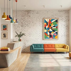 May include: A modern interior featuring a reception area with a concrete desk, colorful pendant lights, and a row of teal, orange, and yellow sofas. An abstract art piece hangs on a white brick wall, enhancing the contemporary design.
