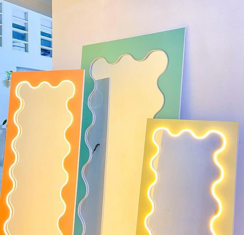 Led Curvy Mirror Led Lighted Floor Mirror Squiggle Wall Etsy
