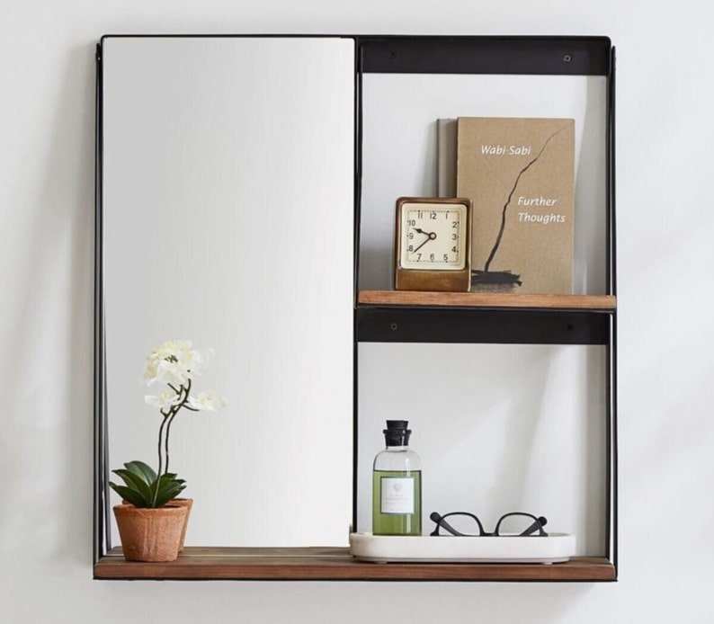 Metal Framed Wooden Shelf Wall Mirror Wall Mirror With Shelf Etsy