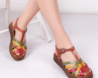 Genuine Leather Chunky Wedge Colorful Sandals, Leather Sandals Women, Leather Greek Sandals, Fisherman Sandals, Huaraches, Gladiator Sandals