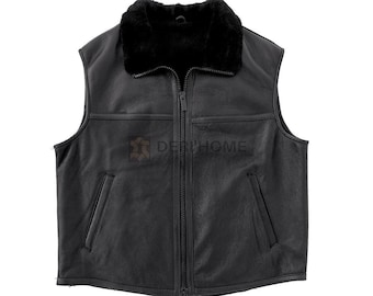 May include: A black leather vest with a shearling collar and zipper closure. The vest has two pockets on the front and a logo on the chest that says "DERI'HOME".