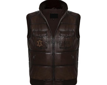 Men's Puffer Leather Vest, Brown Leather Puffer Vest, Mens Leather Vest, Biker Leather Vest, Leather Sleeveless Jacket, Leather Padded Vest