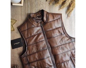 Brown Leather Vest, Leather Puffer Vest, Lamb Leather Vest, Leather Biker Vest, Brown Motorcycle Vest, Leather Padded Vest, Leather Vest Men