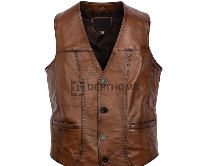 Men's Classic Brown Lambskin Leather Vest | Roper main image 1