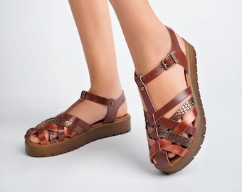 Oryginalne skórzane sandały na grubym koturnie, Leder Sandalen Damen, brązowe skórzane sandały damskie, skórzane sandały greckie, sandały rybackie, huaraches