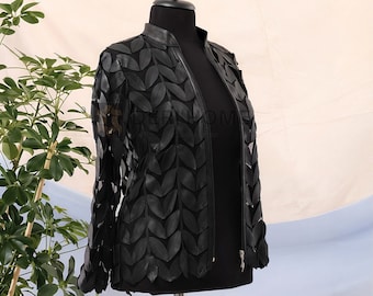 Women Black Leaf Leather Jacket, Leaf Shirt, Beach Jacket, Party Jacket, Summer Jacket, Floral Jacket, Leather Jacket Women, Kimono Jacket