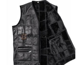 Chaleco de piel de cuero genuino para hombre, chaleco para hombre de piel de cordero hecho a mano, chaleco de cuero negro para hombre, chaleco cálido de invierno para hombre