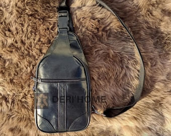 Genuine Leather Black Sling Bag For Men and Women Chest Crossbody Shoulder Daypack Multipurpose Casual