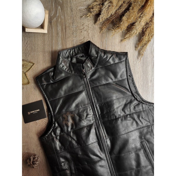 Black Leather Vest, Leather Puffer Vest, Lamb Leather Vest, Leather Biker Vest, Black Motorcycle Vest, Handmade Leather Vest, Slim Fit Vest