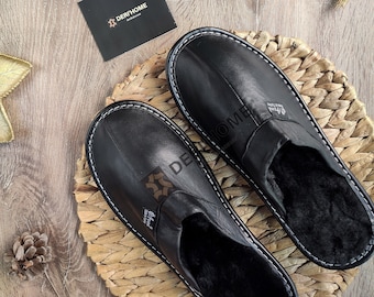 Men Genuine Sheepskin Slippers, Handmade Leather Slippers, Home Slippers, Wool Slippers, Warm Winter Slippers, Fur Slippers, Lamb Slippers