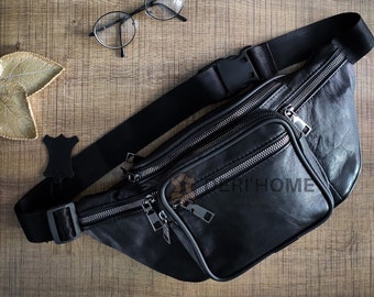 Large Black Leather Fanny Pack - Large Sling Bag For Women and Men - Large Leather Belt Bag - Hip Bag - Leather Bum Bag - Large Waist Bag