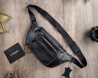 Schwarze Leder Bauchtasche, Vielseitige Bauchtasche, Kleine Leder Bauchtasche, Leder Sling Taschen für Männer und Frauen, Leder Hüfttasche, Gürteltasche