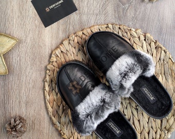 Womens Fur Slippers, Grey Sheepskin Slippers, Handmade House Slippers, Home Slippers, Black Leather Slippers, Fox Fur Slippers, Foot Warmer