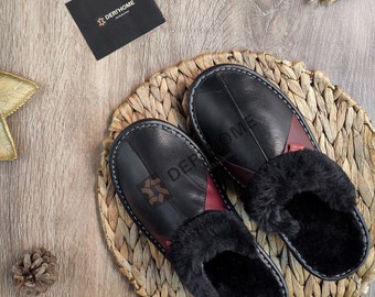 Genuine Warm Sheepskin Slippers Women's, Home Slippers, Black Leather Slippers, Fur Slippers, Warm Slippers, Winter Slippers, Wool Slippers