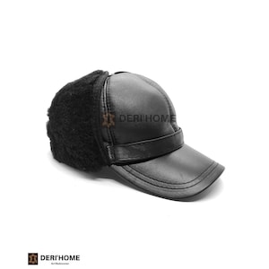 Men&#39;s Shearling Sheepskin Elmer Fudd Visor Earflap Trapper Black Fur Hat, Shearling Winter Leather Baseball Cap