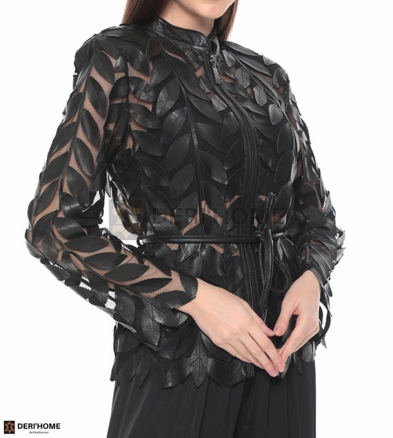Belted Black Leather Jacket Women, Leather Leaf Jacket, Beach Jacket, Party  Jacket, Summer Jacket, Floral Jacket, Leather Jacket Women - Etsy