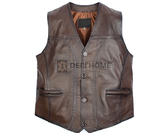 Lamb Leather Vest, Dark Brown Leather Vest Men, Sheepskin Vest