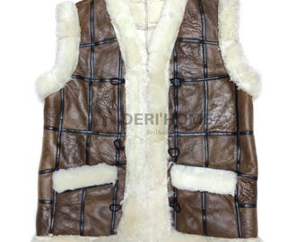 Women Leather Vest With Fur Inside, Brown Leather Vest With Lamb Fur, Women's Furry Winter Leather Vest, Women Shearling Waistcoat, Fox Fur