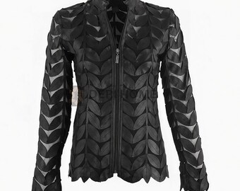 Handmade Black Leather Leaf Jacket, Women's Designer Kimono