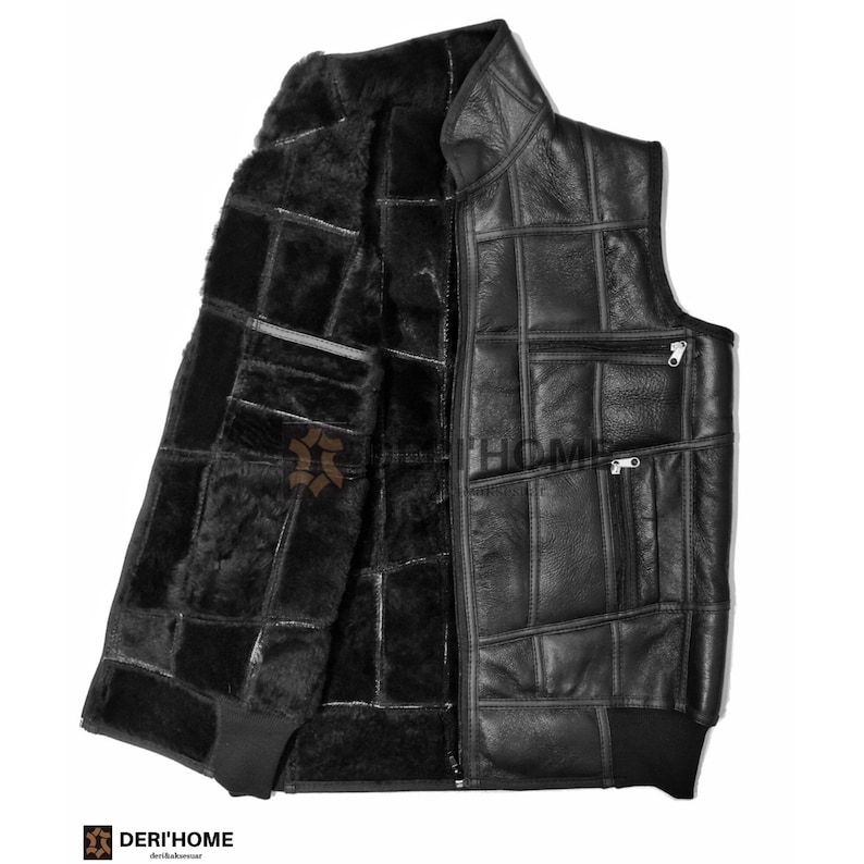 May include: A black leather waistcoat with a quilted design. The waistcoat is lined with a soft, black fur. The waistcoat has a zip closure and two zipped pockets.