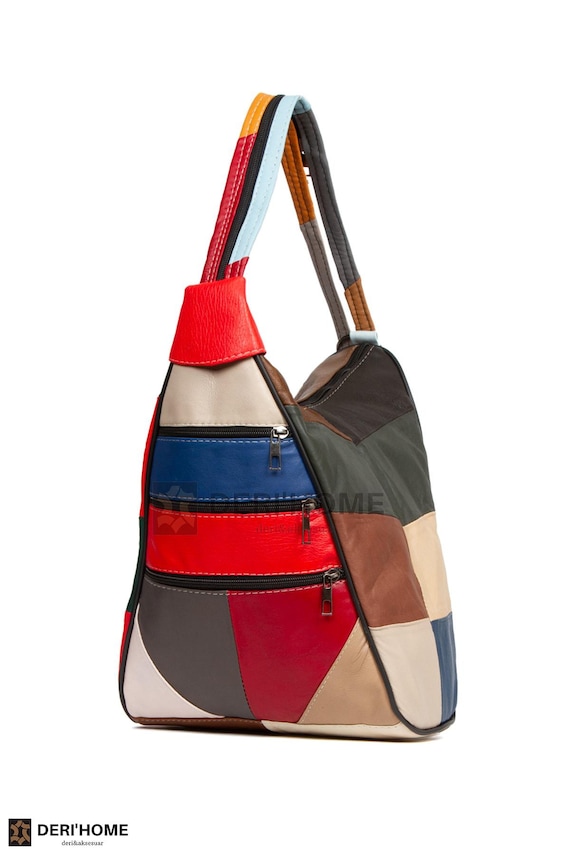 Colorful Patchwork Leather Backpack, Convertible Backpack  display picture 3