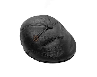 Natural Leather & Fur Black Flat Cap For Men, Gatsby Cap, Genuine Leather Flat Cap With Ear Flaps, Leather Newsboy Cap 100% Sheepskin