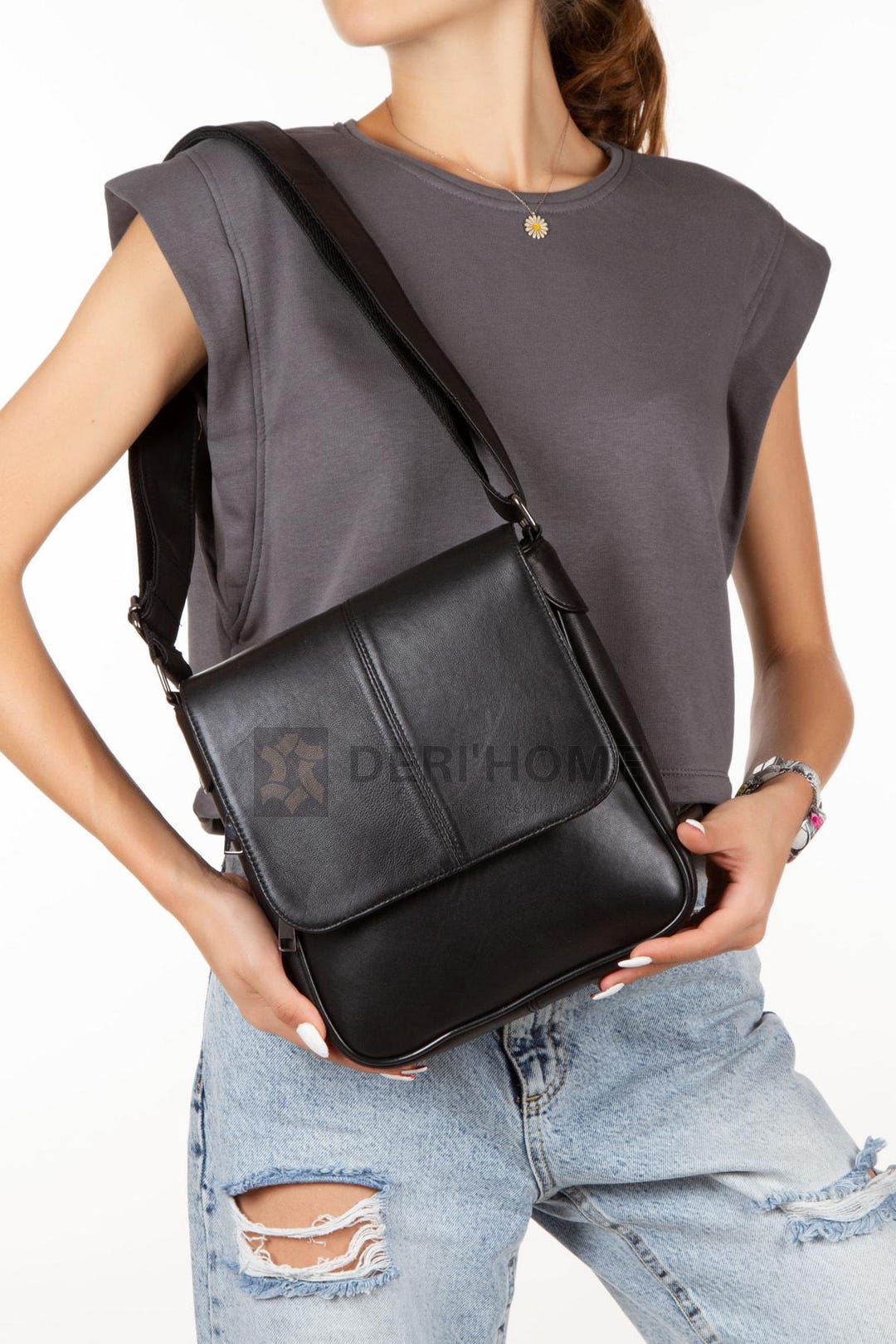 Black Leather Messenger Bag, Leather Crossbody Bag Women, Leather