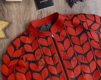 Red Leather Leaf Jacket Women, Leaf Shirt, Beach Jacket, Party Jacket, Summer Jacket, Floral Jacket, Leather Jacket Women, Kimono Jacket